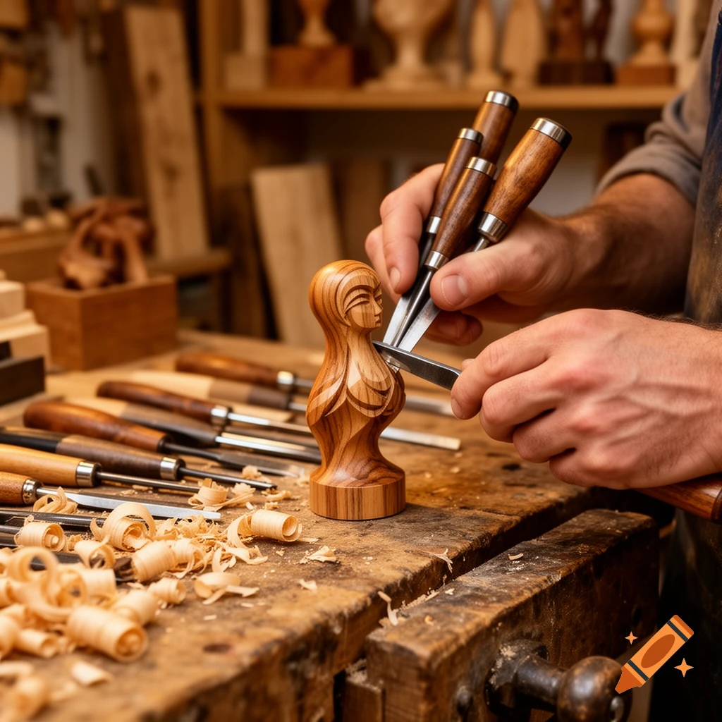 Hands carve a wooden bust of a woman with chisels on a workbench, surrounded by wood shavings in a workshop.
