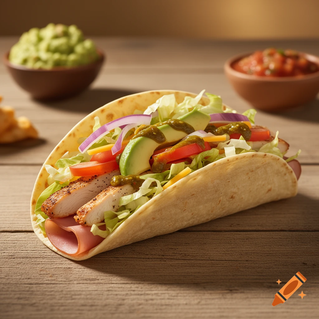 Photorealistic close-up of a chicken and ham taco with lettuce, tomato, onion, cheese, avocado, and green sauce on a wooden table.