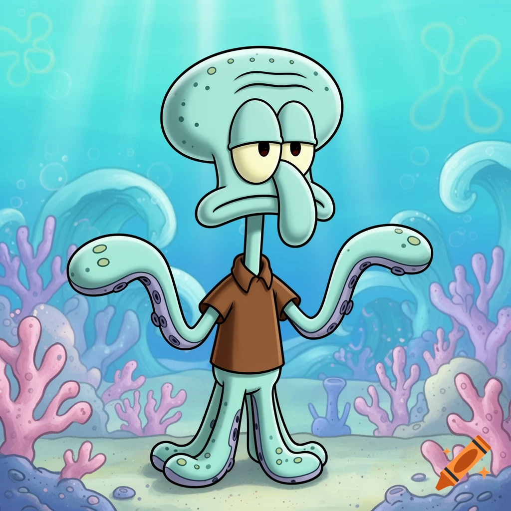 An illustration of Squidward Tentacles from SpongeBob SquarePants standing on the ocean floor surrounded by coral.