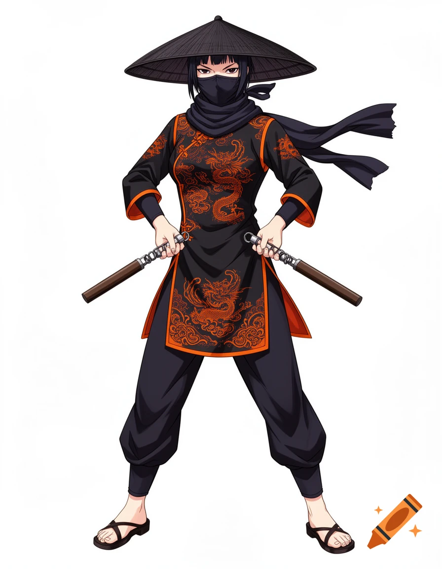 Anime woman in a black and orange dragon-patterned tunic, ninja mask, straw hat, and nunchucks, on a white background.