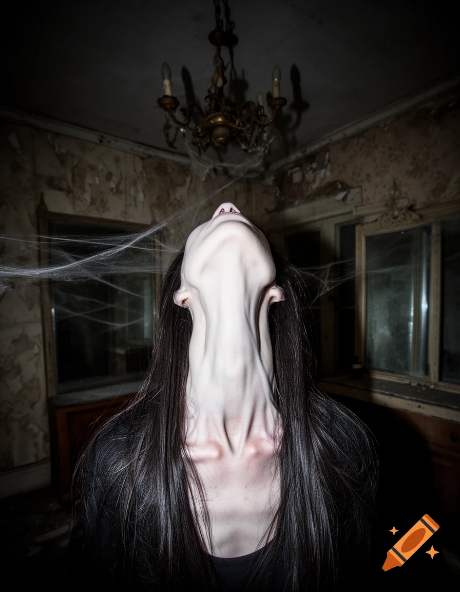 A person with an unnaturally long, pale neck bent backward, looking up in a dark, dilapidated room with spiderwebs and an old chandelier. Photorealistic style.