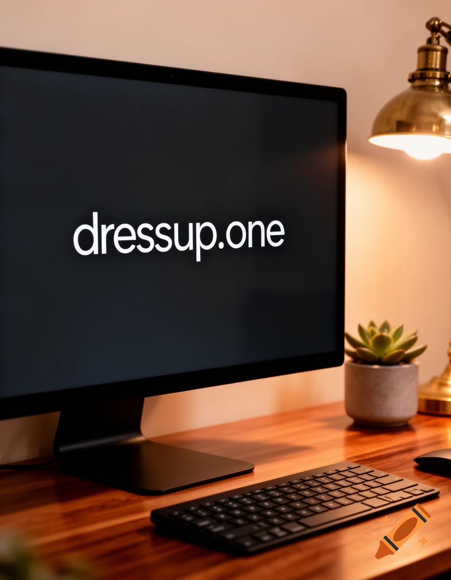 A computer monitor displaying 'dressup.one' on a wooden desk with a keyboard, a plant, and a brass lamp.