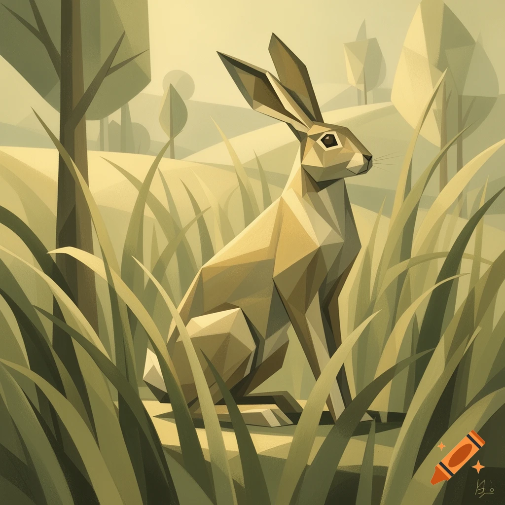 A geometric art illustration of a brown hare sitting in tall green grass, with abstract trees and hills in the background.