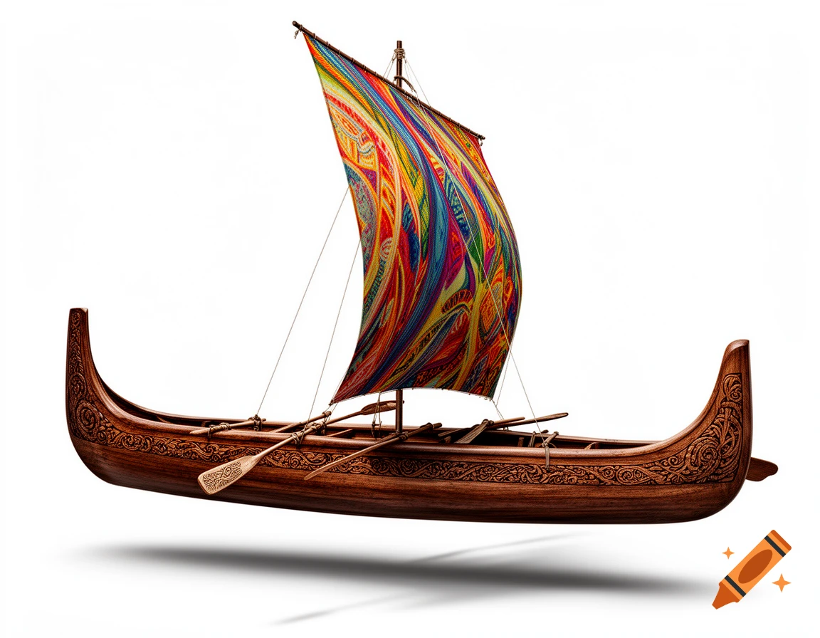 A carved wooden traditional Polynesian boat with a vibrant, multicolored abstract patterned sail, isolated on a white background.
