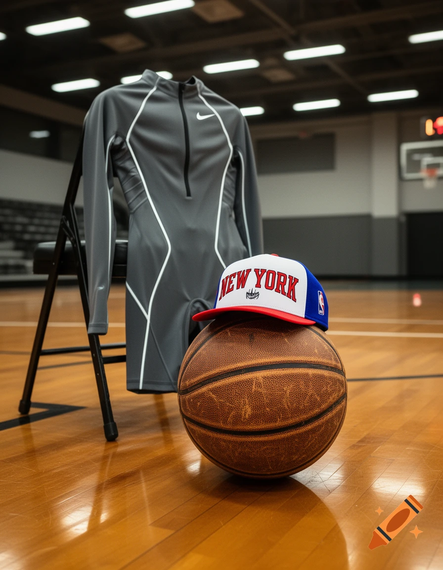 A New York cap resting on a basketball next to a grey Nike sports suit on a basketball court.