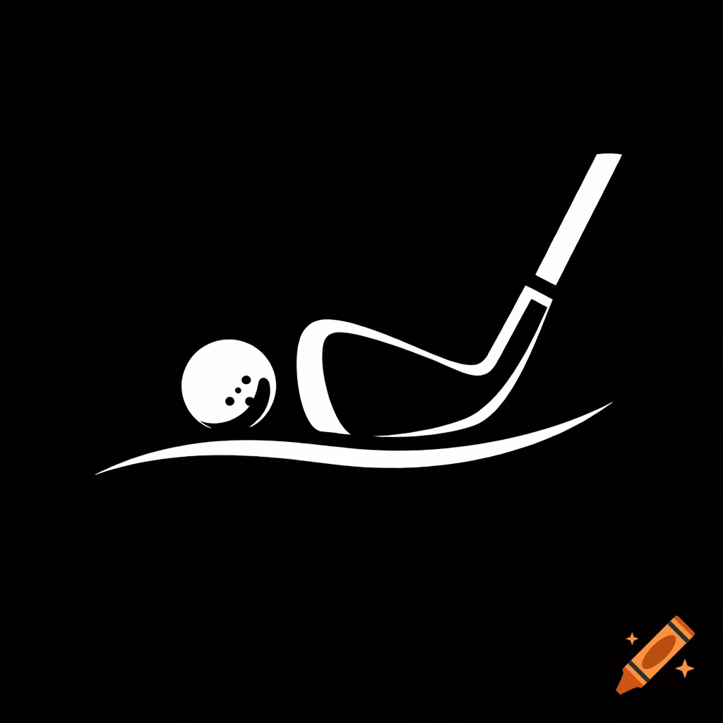 A black and white minimalist logo featuring a golf ball and a golf club.