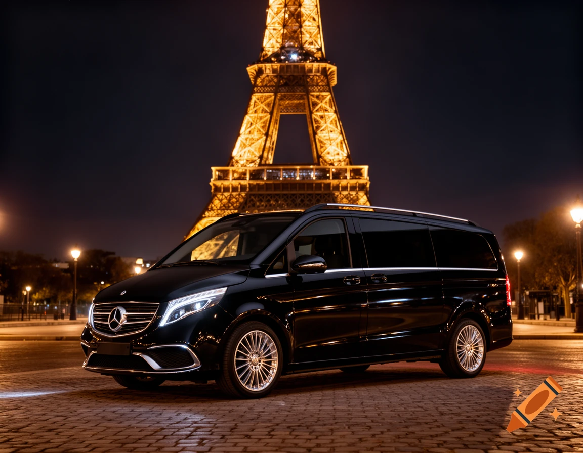 A sleek black Mercedes van parked on a cobblestone street at night, with the illuminated Eiffel Tower in the background.