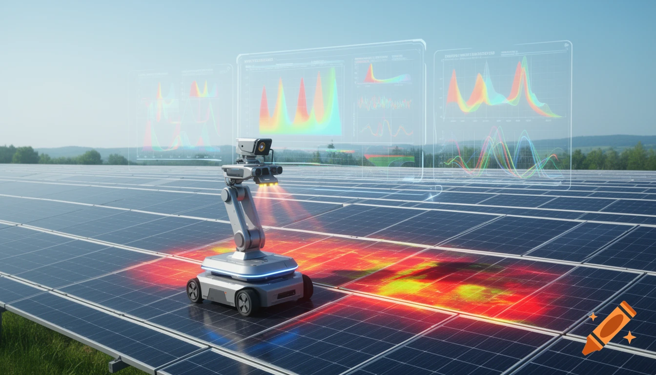 A futuristic robot with an articulated arm scans solar panels in a vast field, displaying holographic data analysis with graphs and heatmaps.