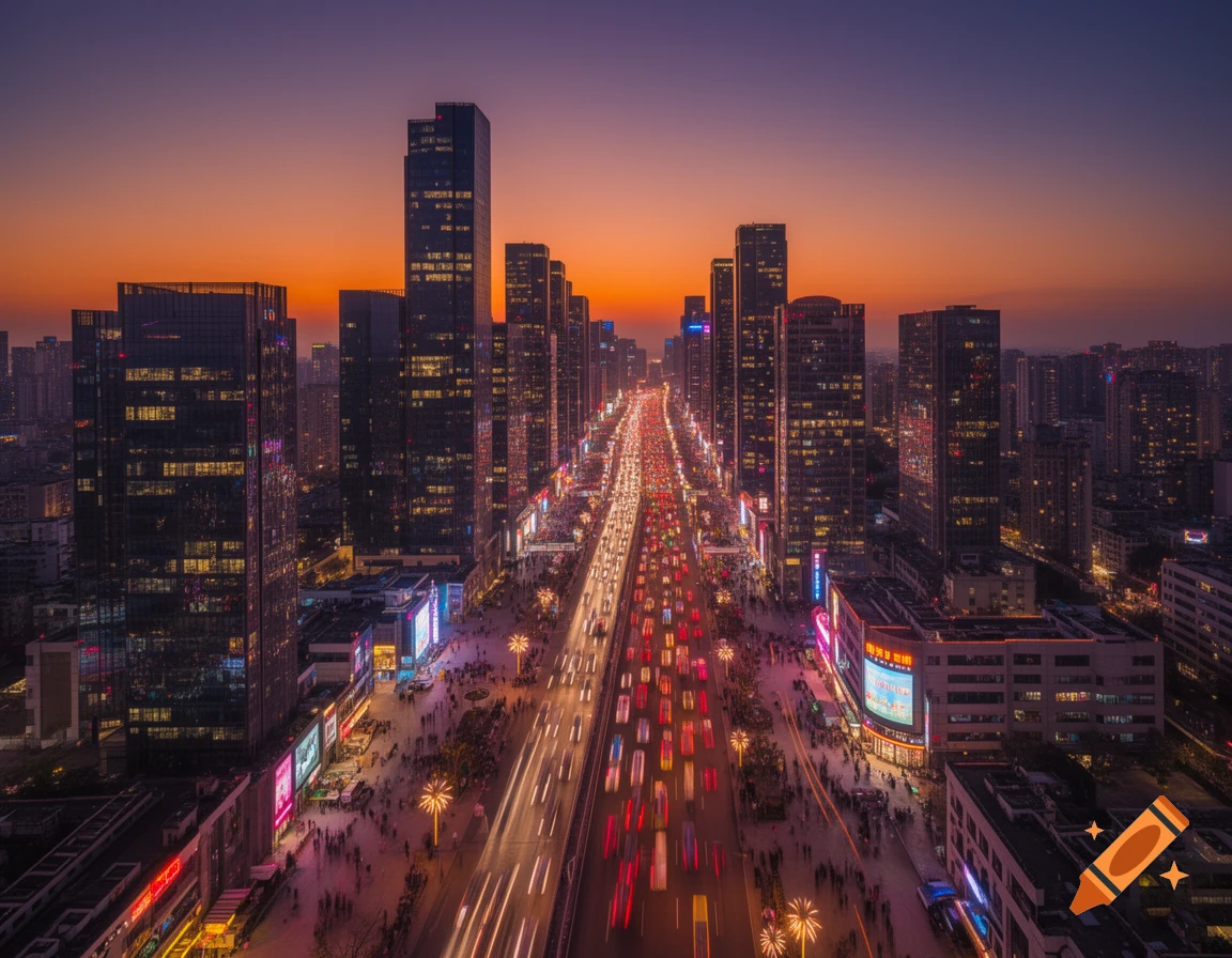An aerial view of a bustling modern city street at sunset, with ...