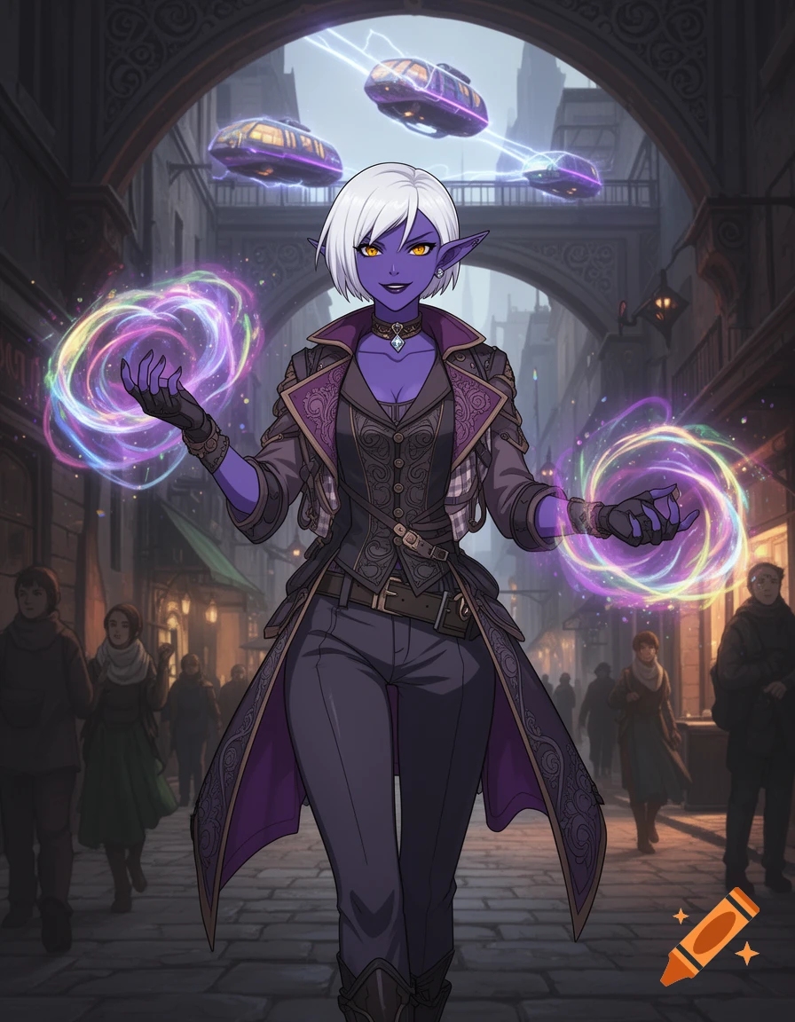 Anime-style Drow elf with white hair and purple skin, wielding prismatic magic in an urban fantasy street with flying vehicles.