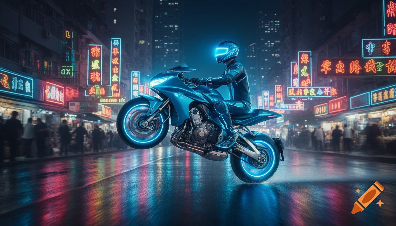 A futuristic rider on a glowing blue motorcycle does a wheelie on a wet street at night, surrounded by vibrant neon signs in a cyberpunk city.