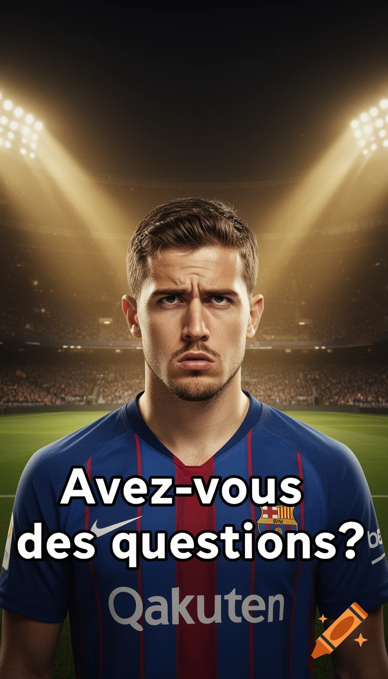 A serious male soccer player in a blue and red jersey stands in a stadium under spotlights with the text "Avez-vous des questions?" overlayed.