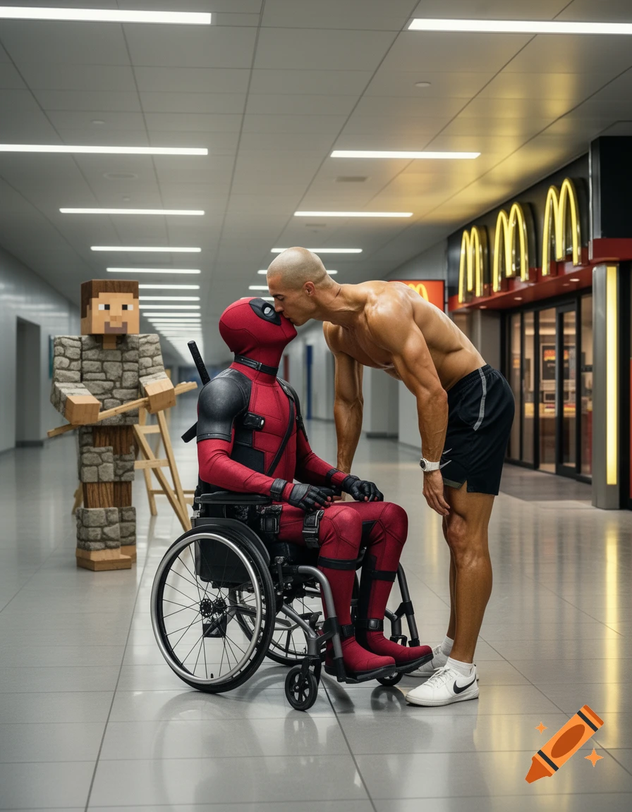 A bald, muscular man kisses Deadpool in a wheelchair in a hallway. A Minecraft character stands nearby; McDonald's arches are in the background.