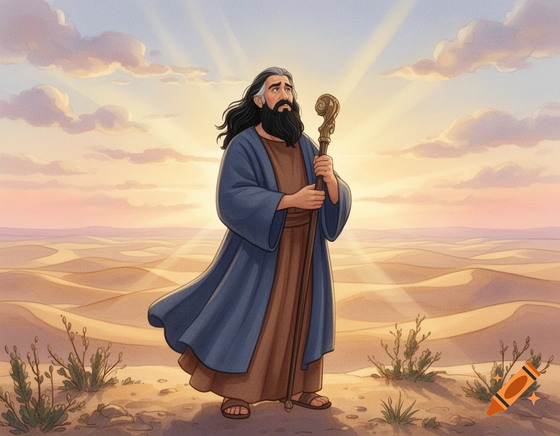 Animated older man with a long beard and dark robes holding a staff in a desert with sun rays from above.