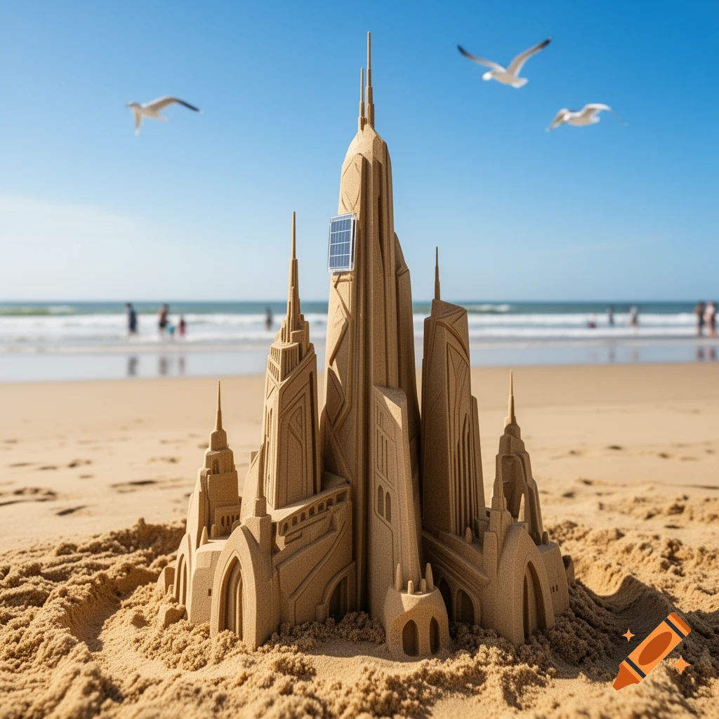A futuristic sandcastle with a solar panel on a sunny beach, with ocean waves and seagulls flying overhead.