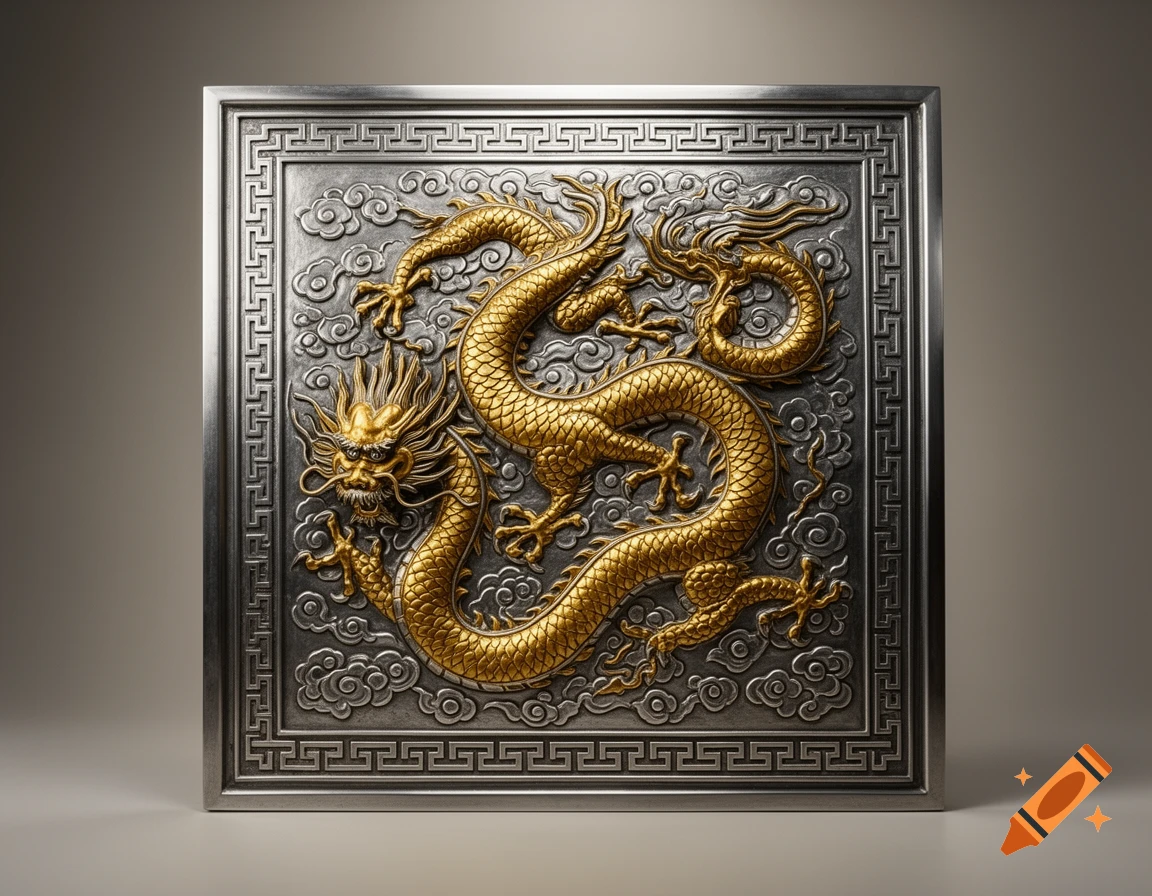 Ornate silver and gold Chinese metal plaque with a coiled dragon and cloud motifs.