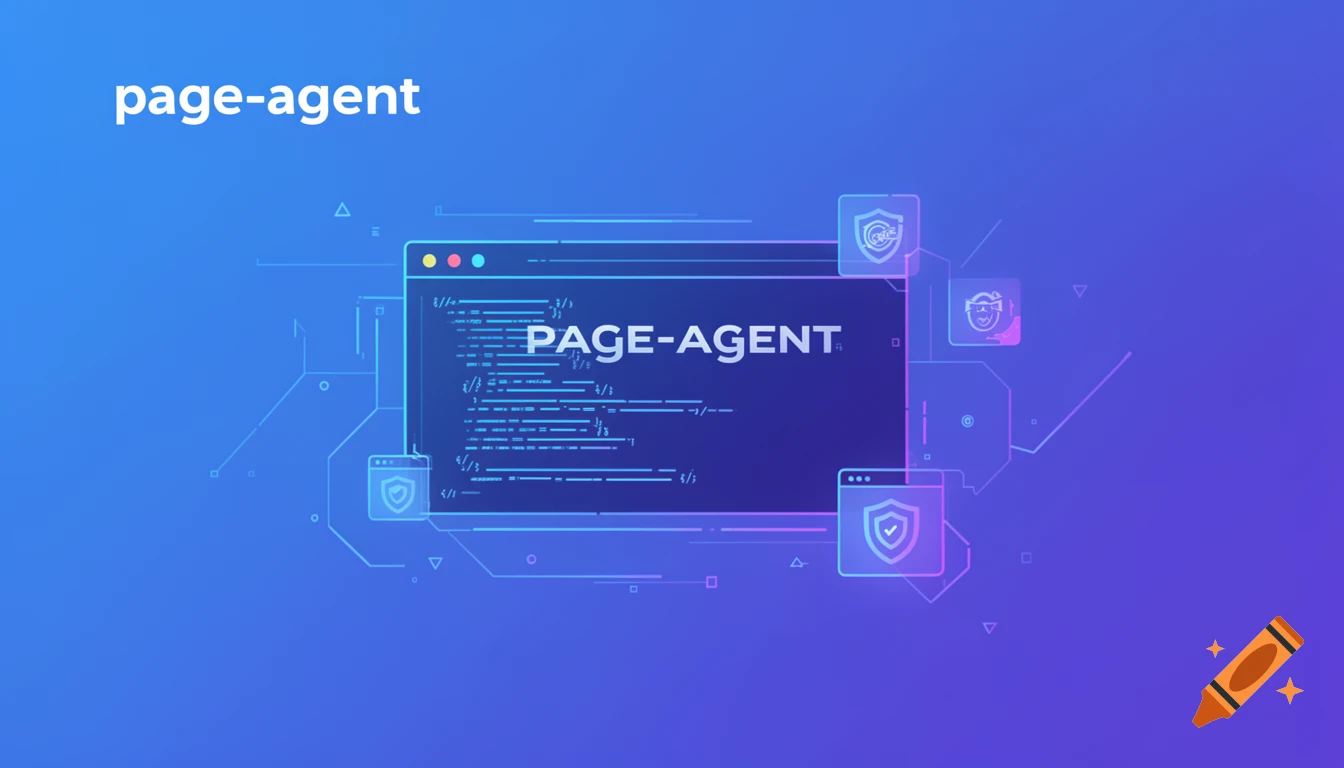 Futuristic web automation AI concept with 'page-agent' text, code, browser window, and shield icons on a blue-purple gradient.