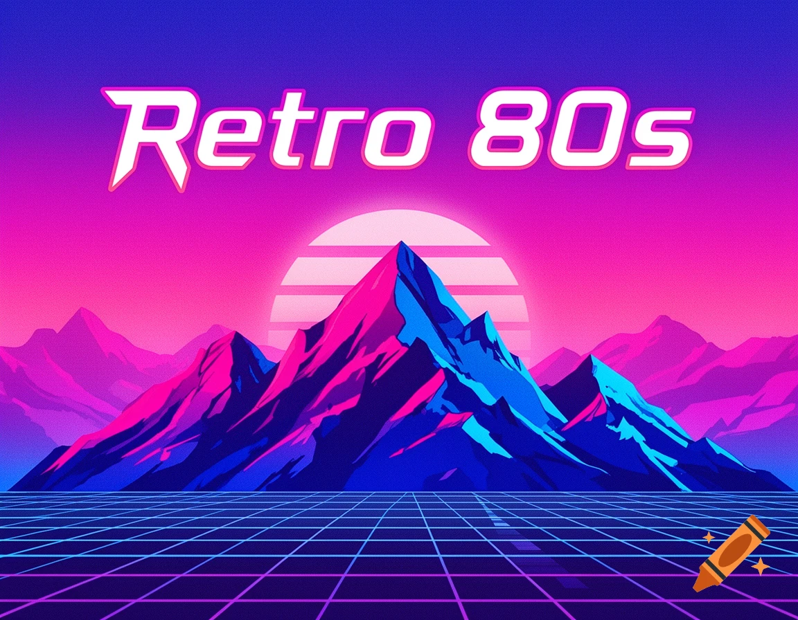 Retro 80s vaporwave landscape with neon mountains, a grid plane, and a setting sun.