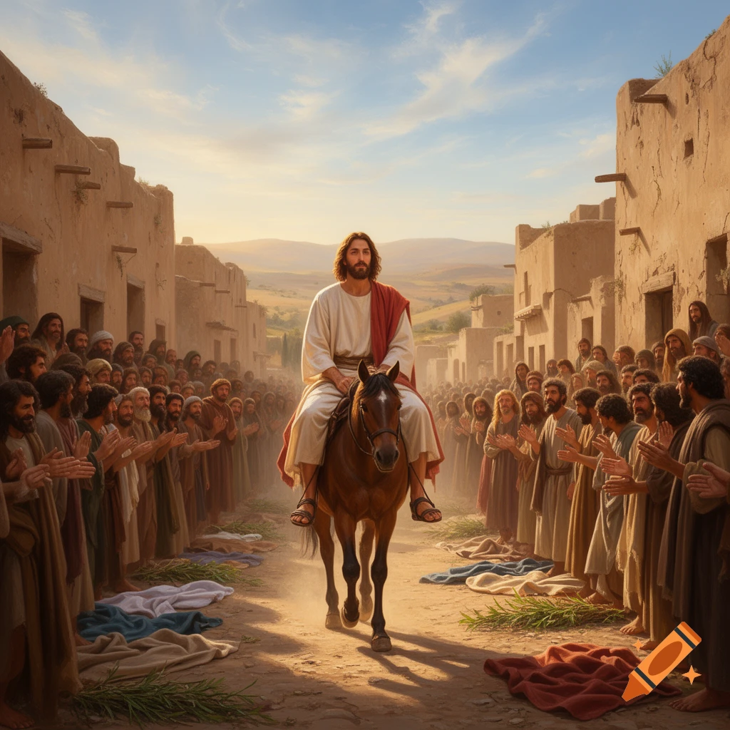 Jesus rides a brown horse into a Middle Eastern town, greeted by crowds laying cloaks and palm fronds on the dusty road. Photorealistic.