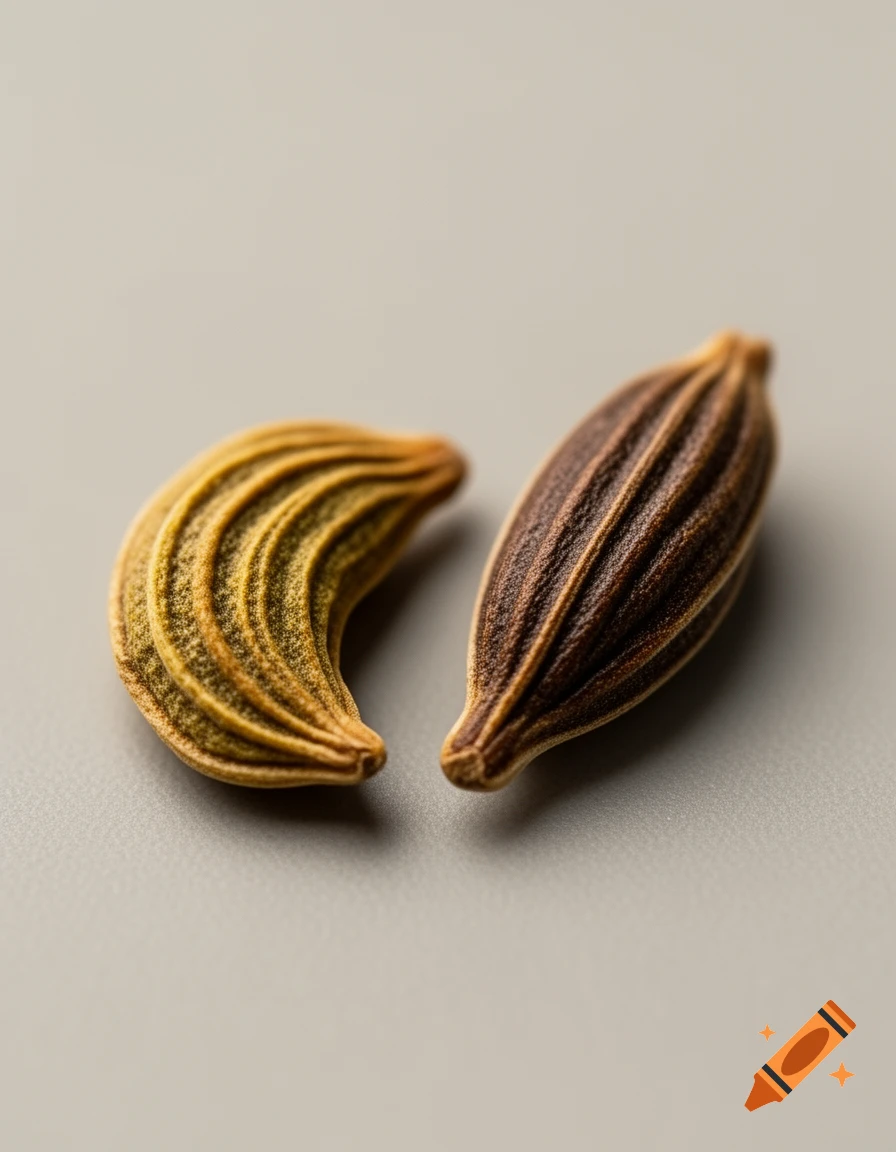 Close-up macro shot of two textured spice seeds, one curved and greenish-yellow, the other straight and dark brown, on a gray surface.