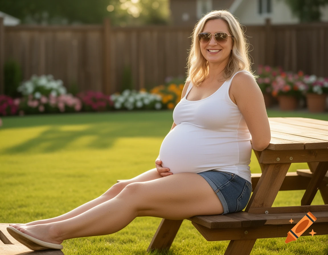 A smiling heavily pregnant woman with blonde hair and sunglasses sits at a picnic table in a sunny backyard, wearing a white tank top and jean shorts.