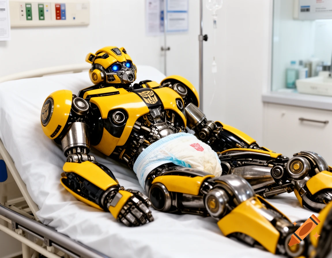 Photorealistic image of the Transformer Bumblebee robot lying in a hospital bed, wearing a diaper.