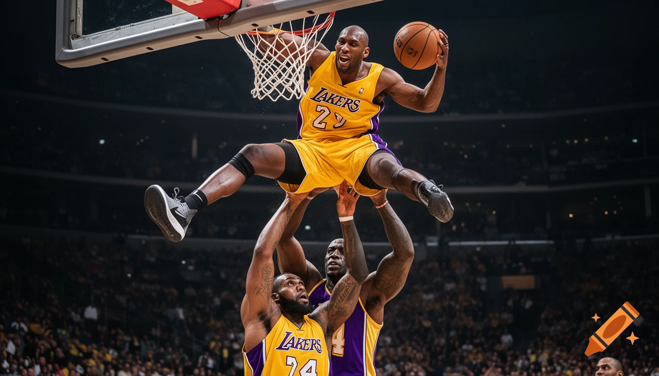 Photorealistic image of a basketball player in a yellow Lakers jersey dunking, assisted by two other players pushing him up, on a court with a crowd.