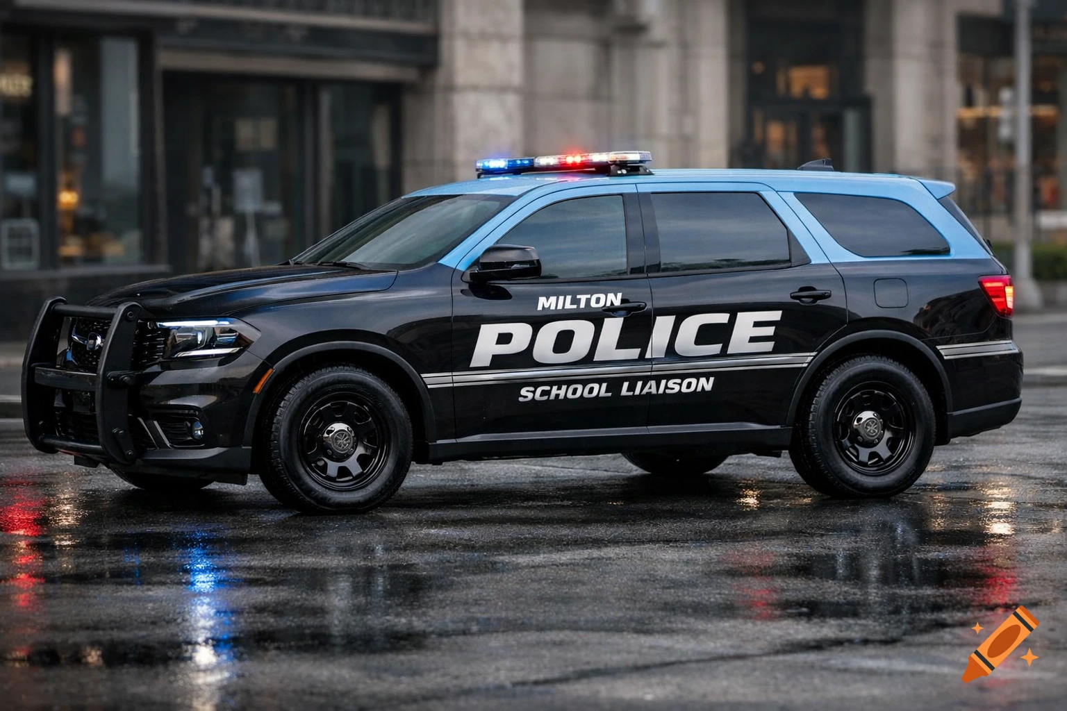 A black and light blue Milton Police School Liaison SUV, a Dodge Durango, on a wet urban street. Photorealistic.