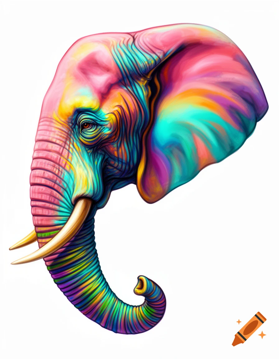 A vibrant, colorful elephant head in profile, featuring a palette of pink, turquoise, yellow, orange, blue, and purple hues, in a detailed artistic style.