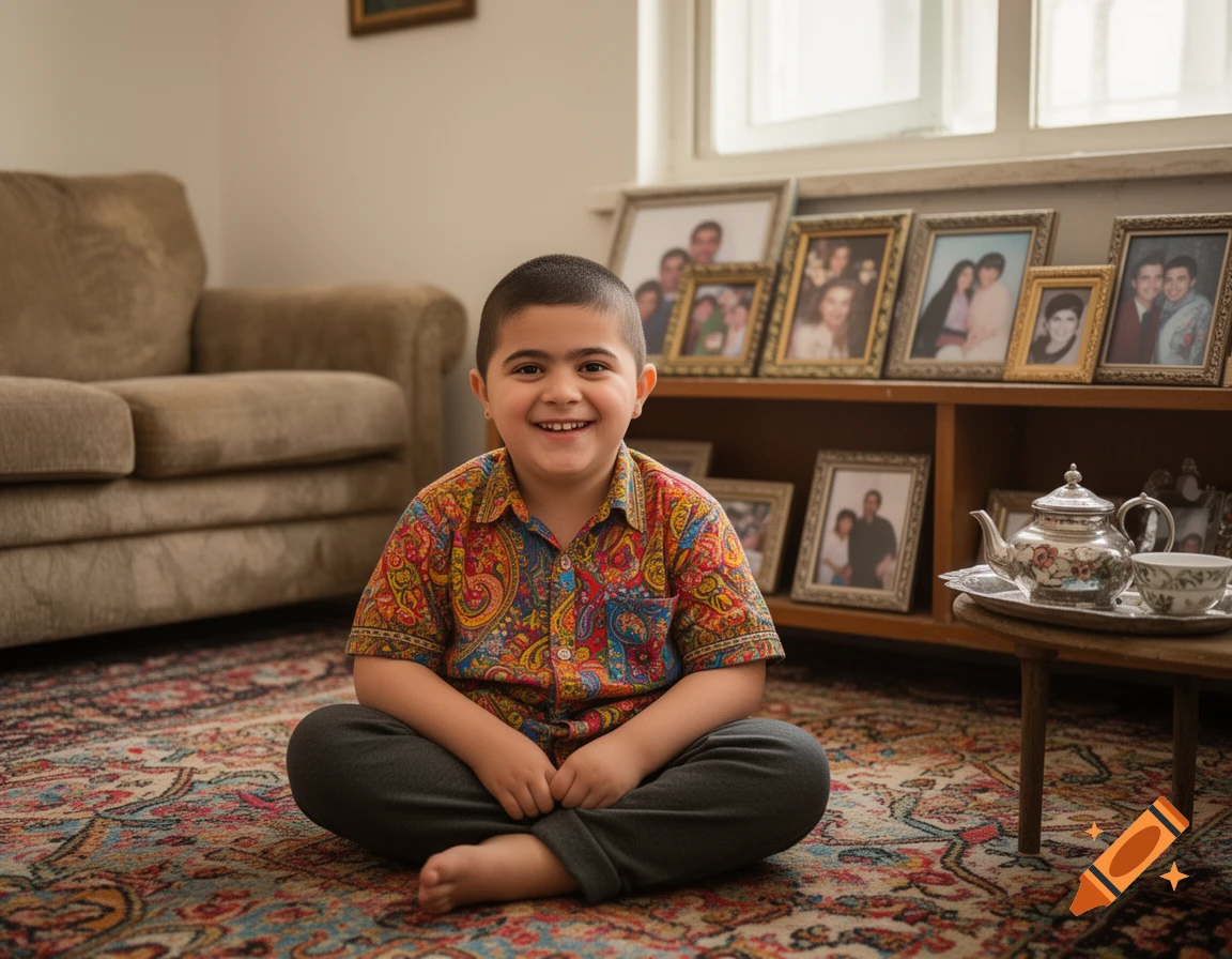 A smiling young child with a buzz cut sits cross-legged on a patterned rug in a cozy living room with family photos.