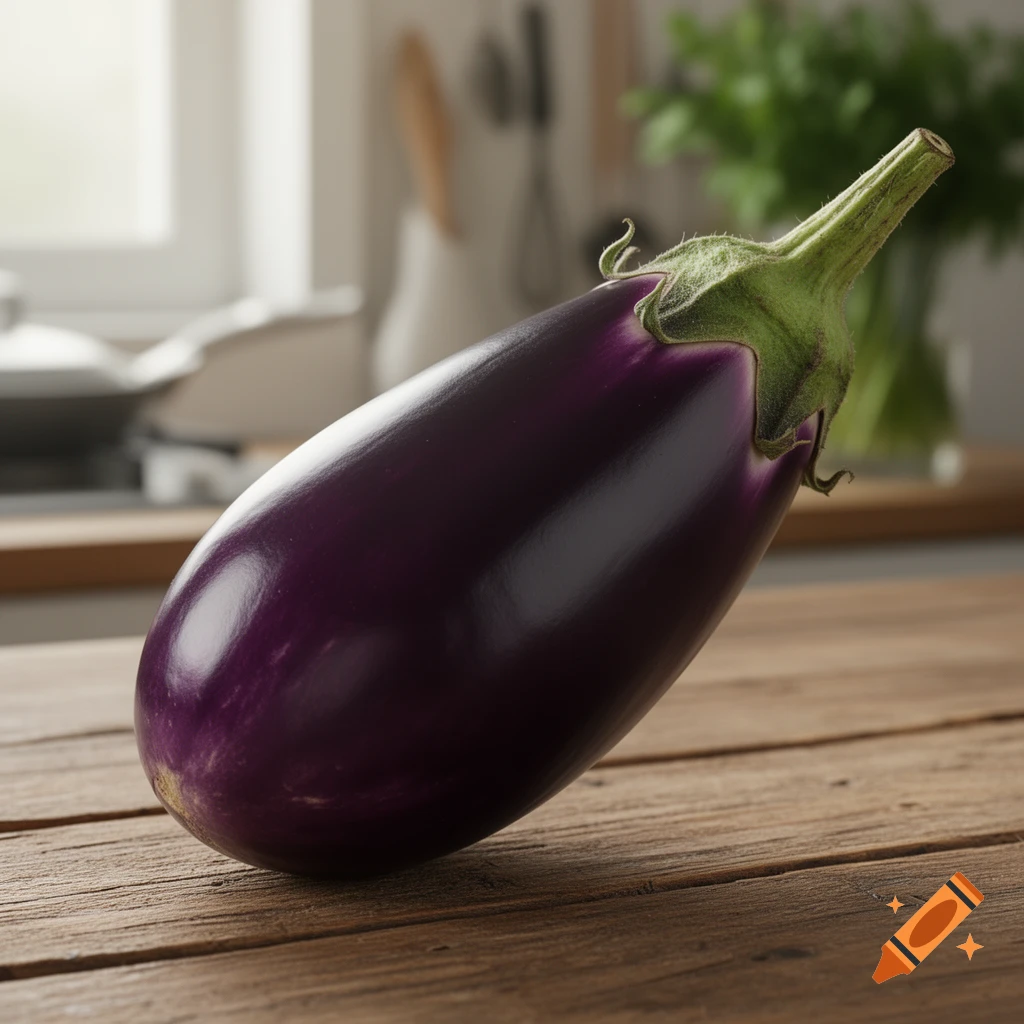 A single glossy dark purple eggplant with a green stem lying on a rustic wooden table in a well-lit kitchen, photorealistic.
