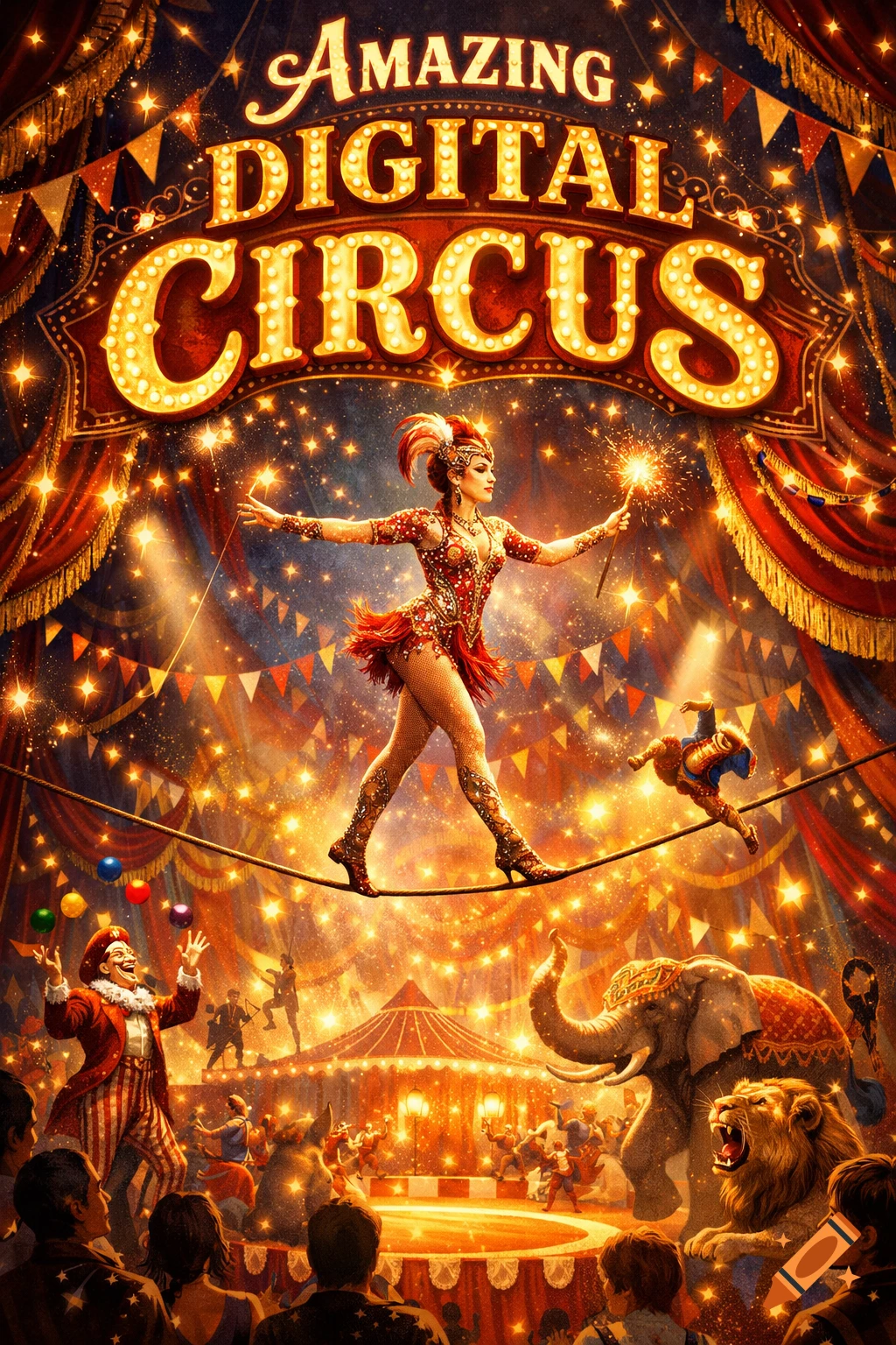 A dazzling illustration of a vibrant circus under a big top, with an acrobat on a tightrope, a clown, an elephant, and a lion.