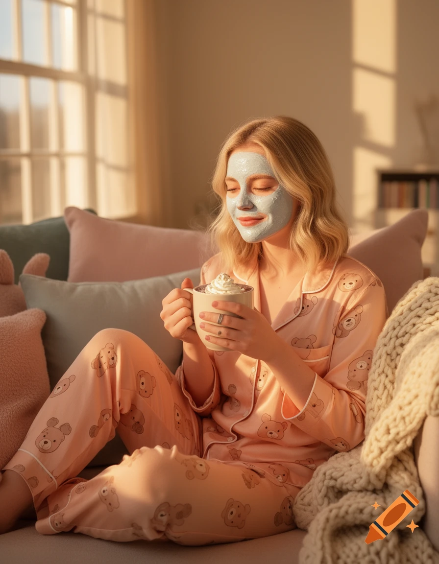 A blonde woman in pink teddy bear pajamas, wearing a blue face mask, sips hot chocolate on a sunlit couch.
