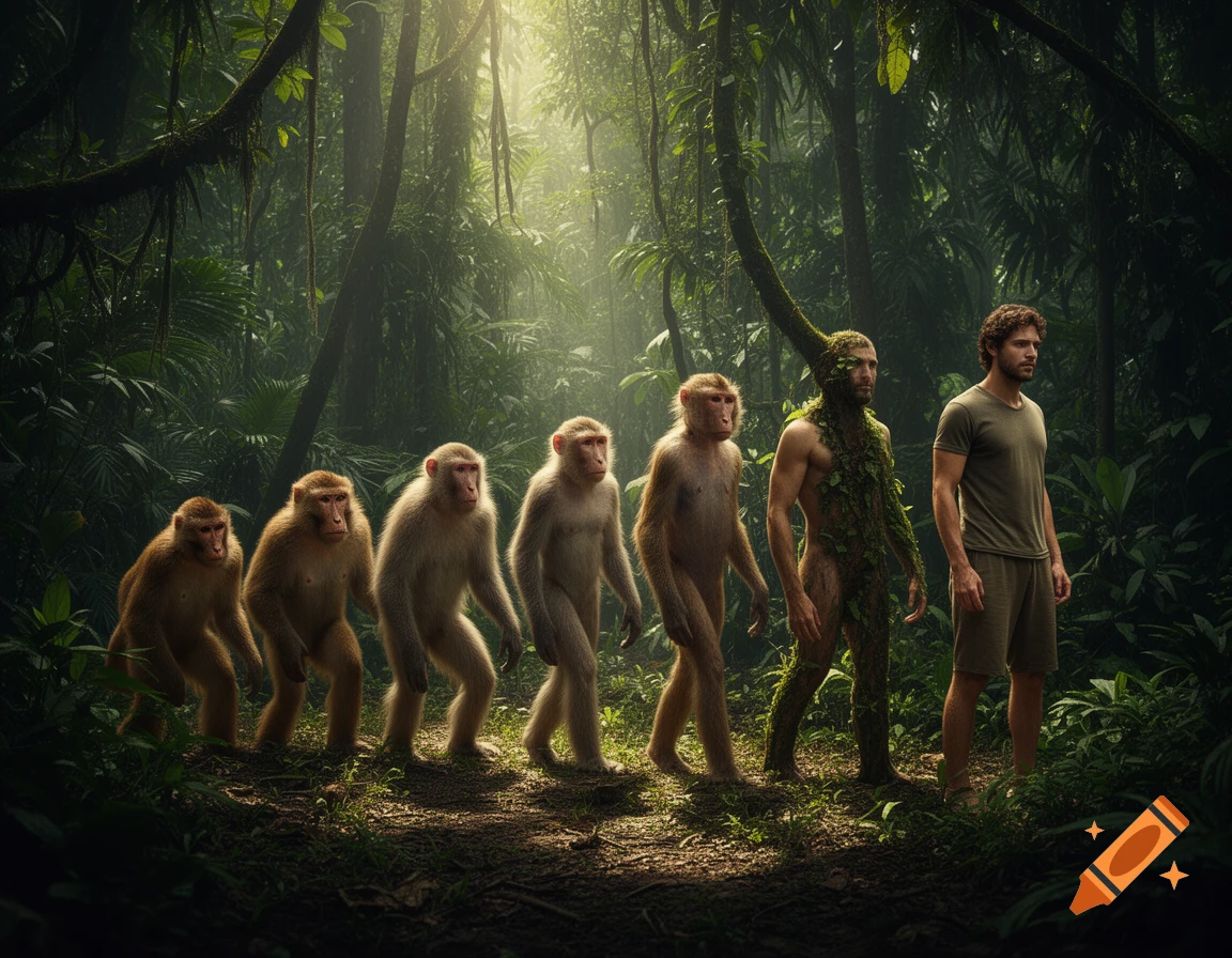 Evolutionary line of six figures from monkeys to a man, walking in a lush, sunlit jungle.
