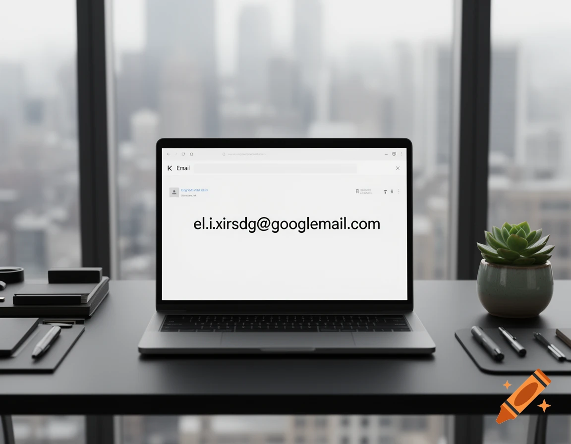A laptop on a modern desk in front of a city window, displaying an email address on its screen.