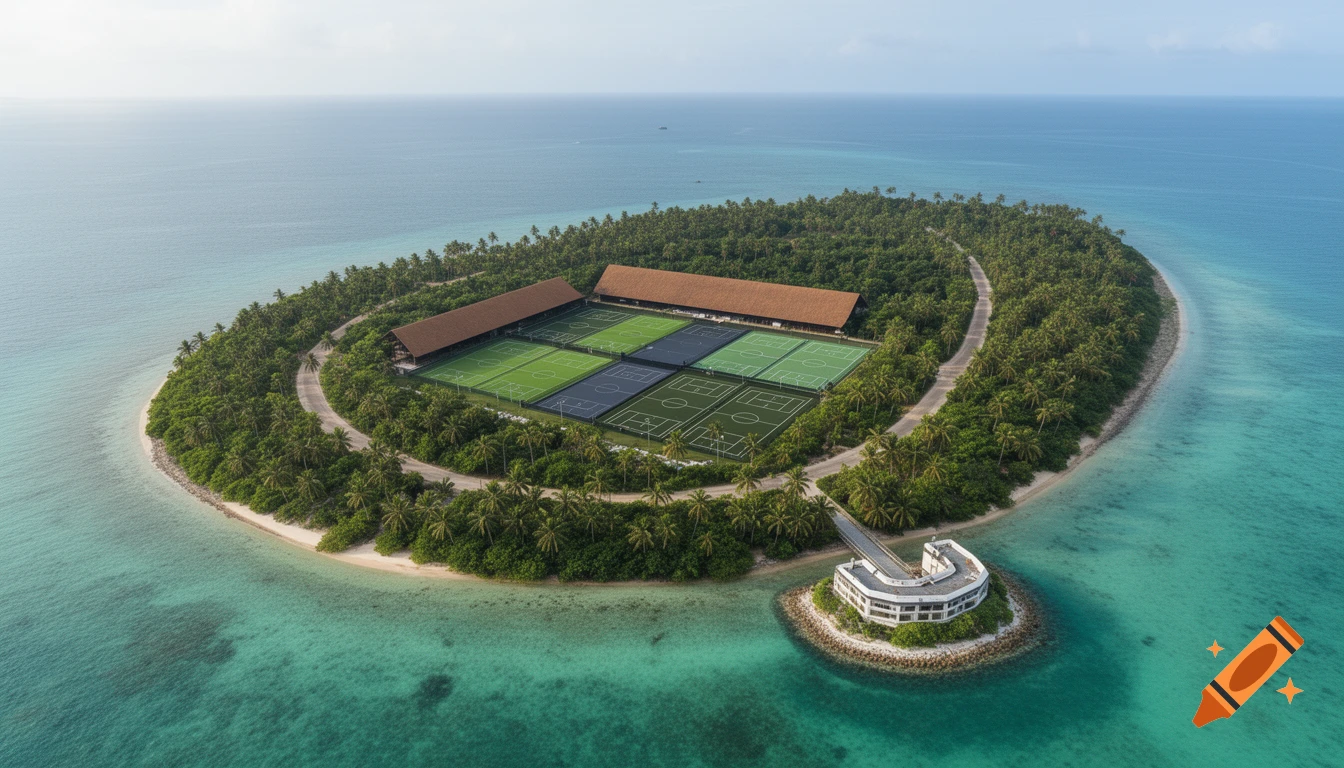 An aerial view of a tropical island resort with multiple sports courts, palm trees, and clear blue water.