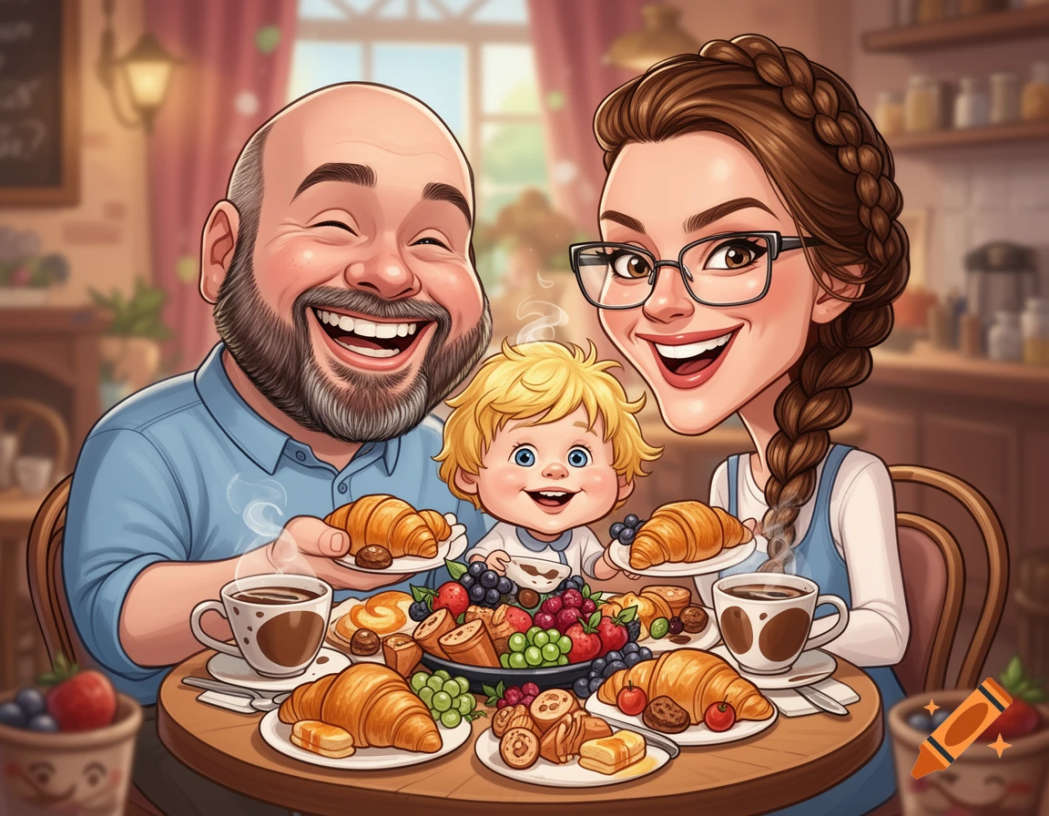 A caricature of a happy family, a bald man with a beard, a woman with glasses and braided hair, and a blonde baby, enjoying a large breakfast spread at a cafe.