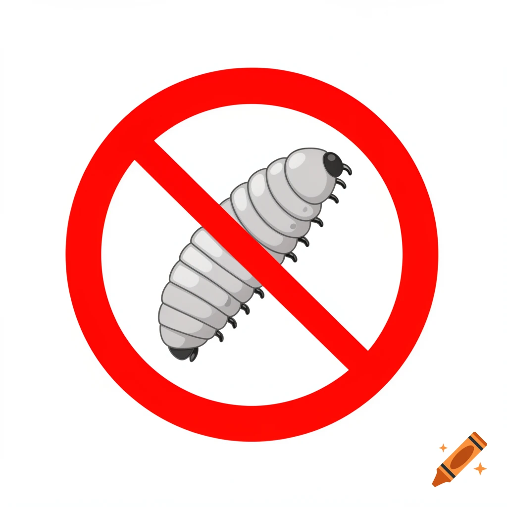 A cartoon illustration of a white grub inside a red prohibition sign.