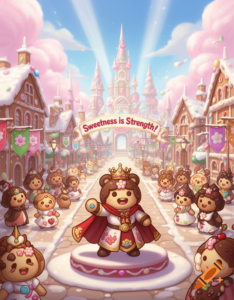 A whimsical candy kingdom scene with a cookie king/queen on a podium addressing cookie people, under a banner reading 'Sweetness is Strength!'