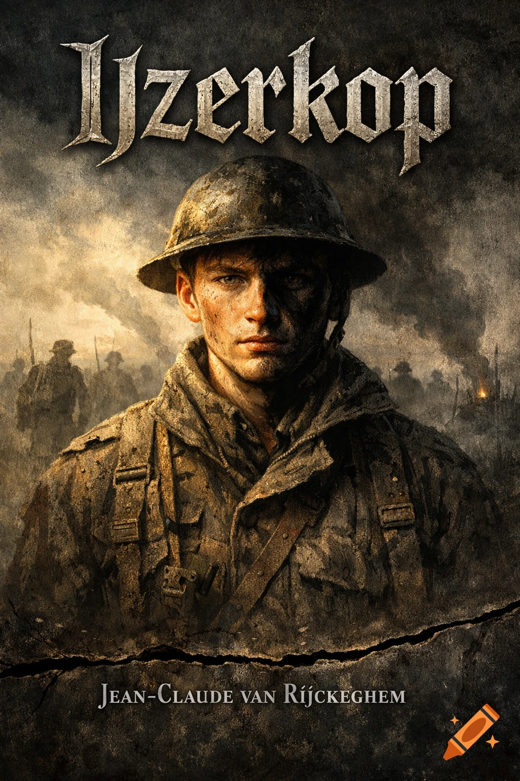 A grim young soldier in a helmet and dirty uniform looks forward on a smoky battlefield with silhouettes. Text reads 'IJzerkop'.