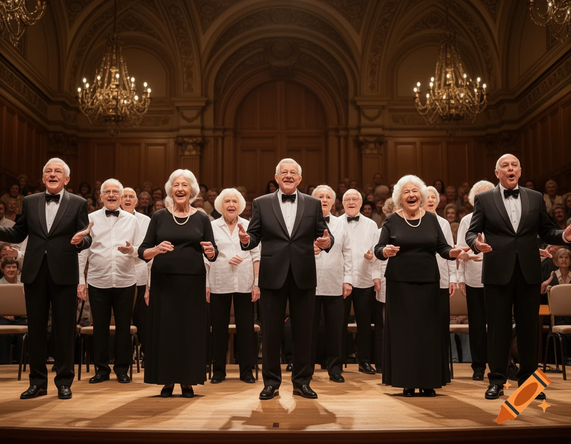 An elderly choir performs on a stage in a grand, ornate concert hall with chandeliers and an audience.