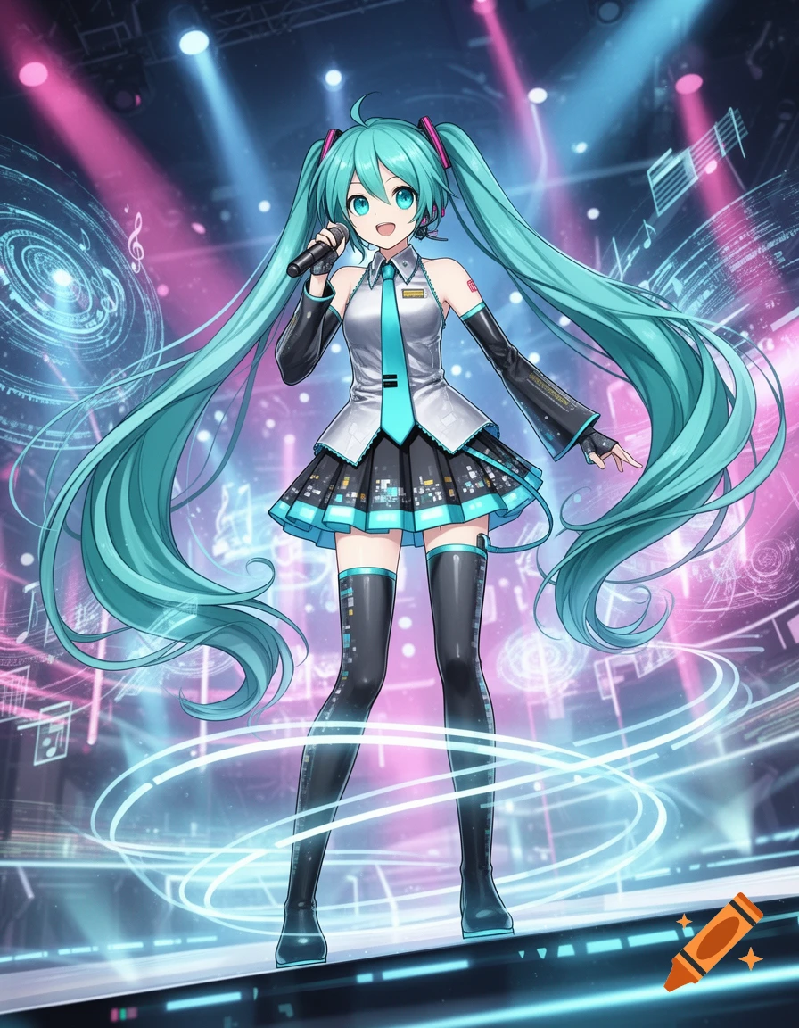 A vibrant anime-style illustration of Hatsune Miku singing on a glowing stage, surrounded by musical notes and light.