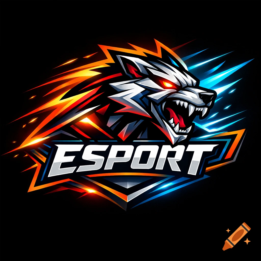 Dynamic esports logo with a fierce white wolf head, glowing red eyes, and orange and blue speed lines above 'ESPORT' text.