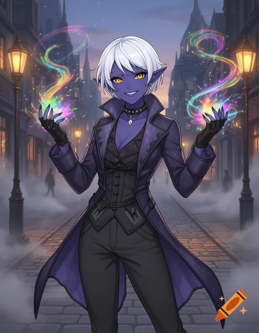 Anime Drow elf with indigo skin, white hair, and amber eyes, smirking ...