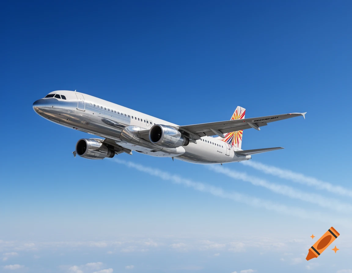 A white and chrome airplane with a patterned tail flies through a clear blue sky, leaving contrails.