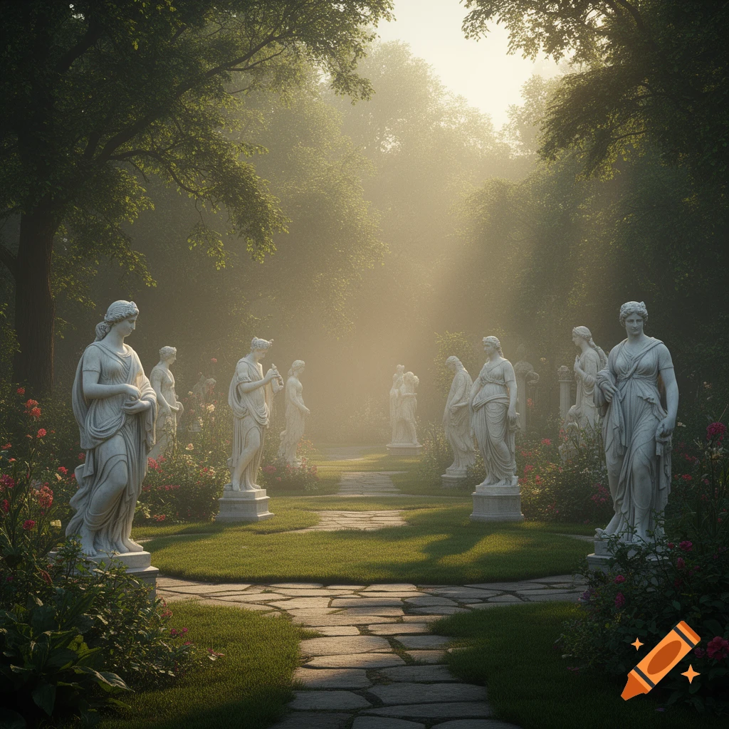 A serene garden with numerous white classical female statues arranged along a stone path, bathed in misty sunlight filtering through trees.