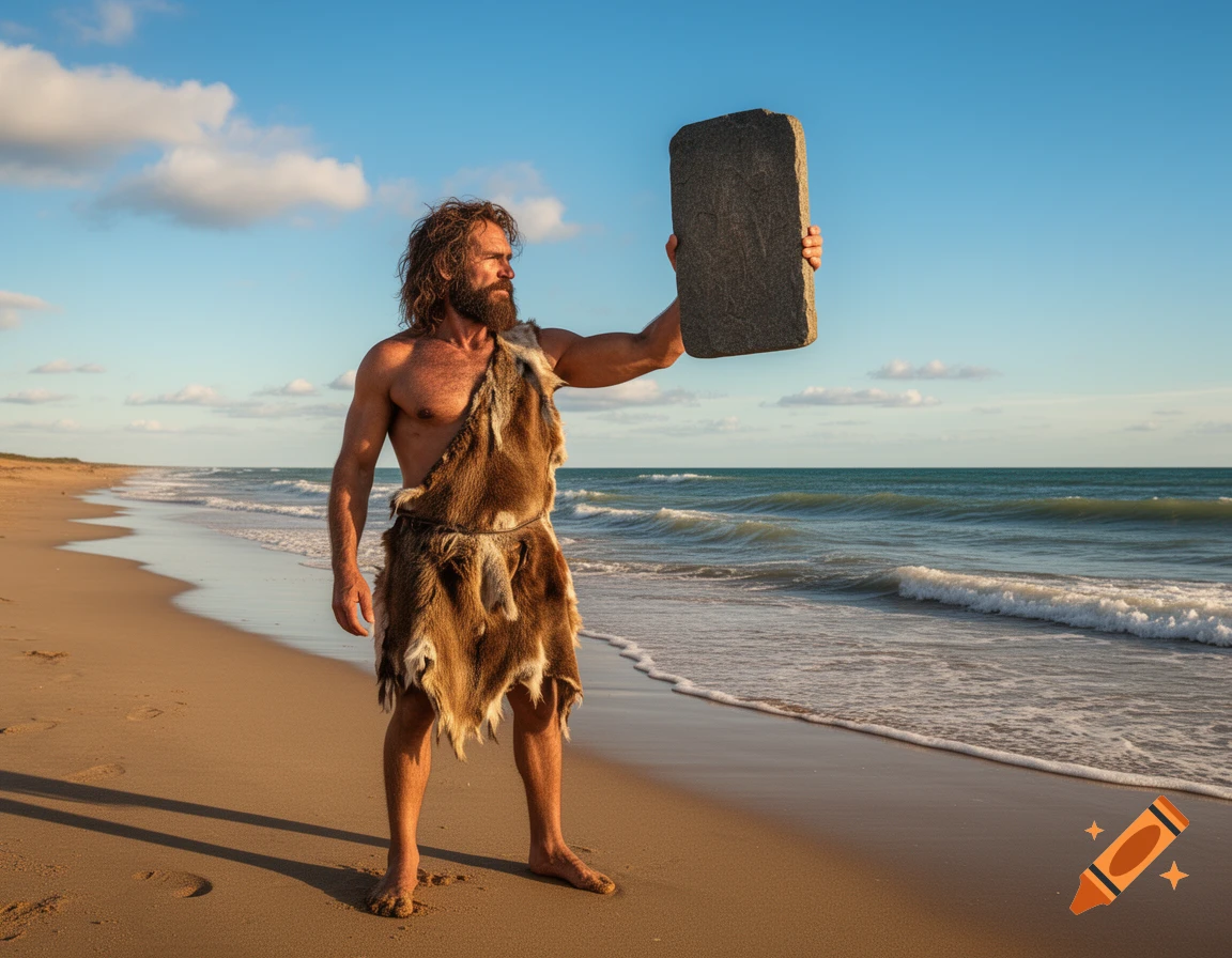 A photorealistic image of a caveman in a fur outfit standing on a sandy beach, holding a stone tablet aloft with the ocean in the background.