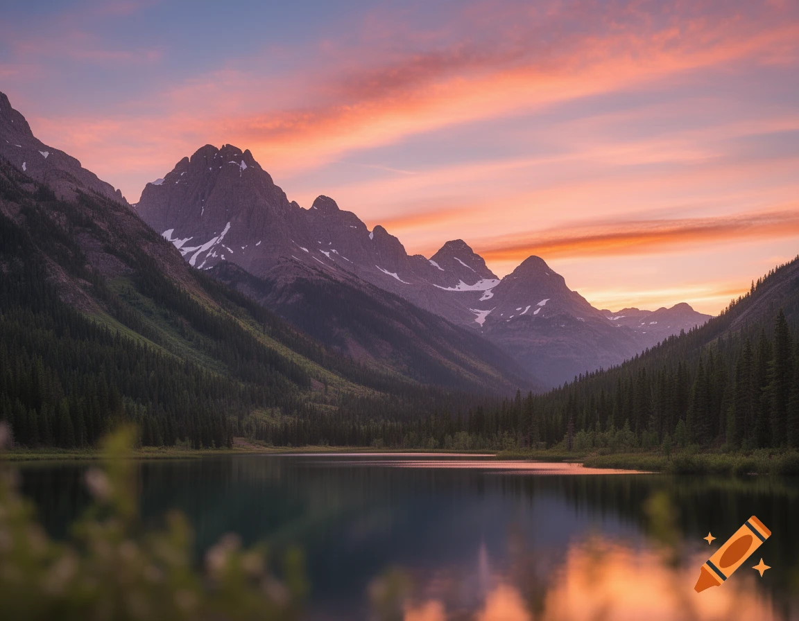 A serene mountain lake reflects a vibrant orange and pink sunset sky ...