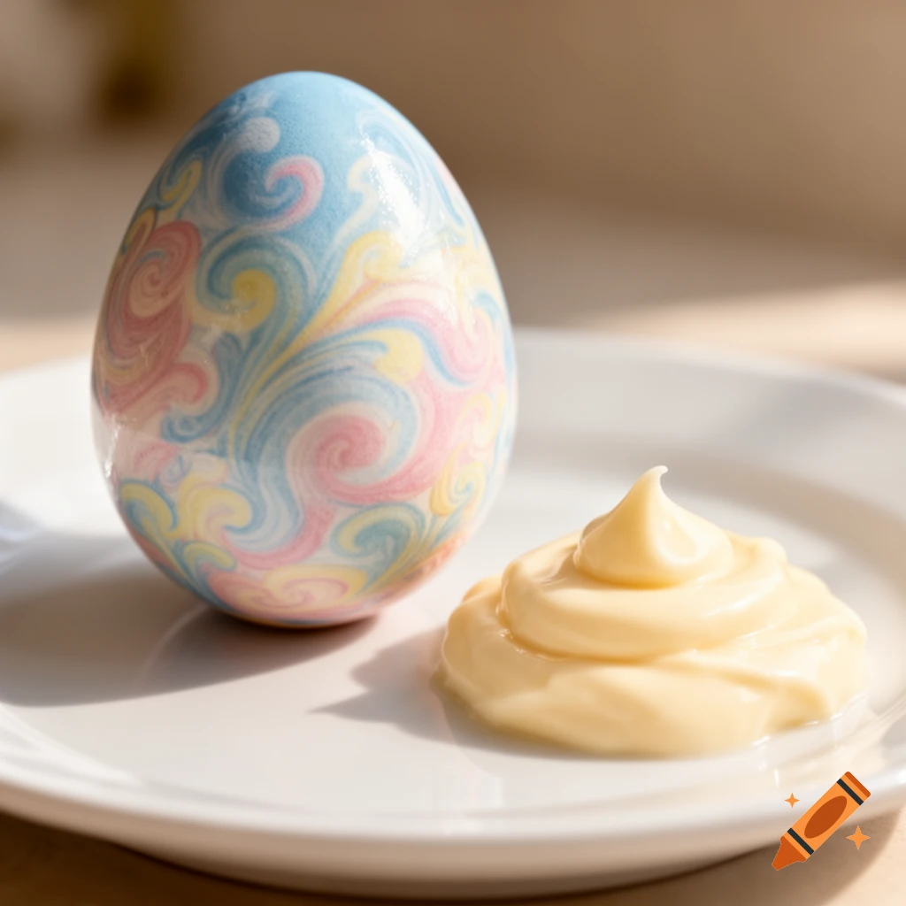 A light blue, pink, and yellow swirl-patterned Easter egg sits next to a dollop of creamy mayonnaise on a white plate, photorealistic.