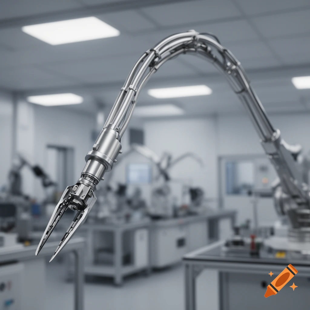 A photorealistic metallic robotic arm with a two-pronged claw extends into a blurry laboratory background.